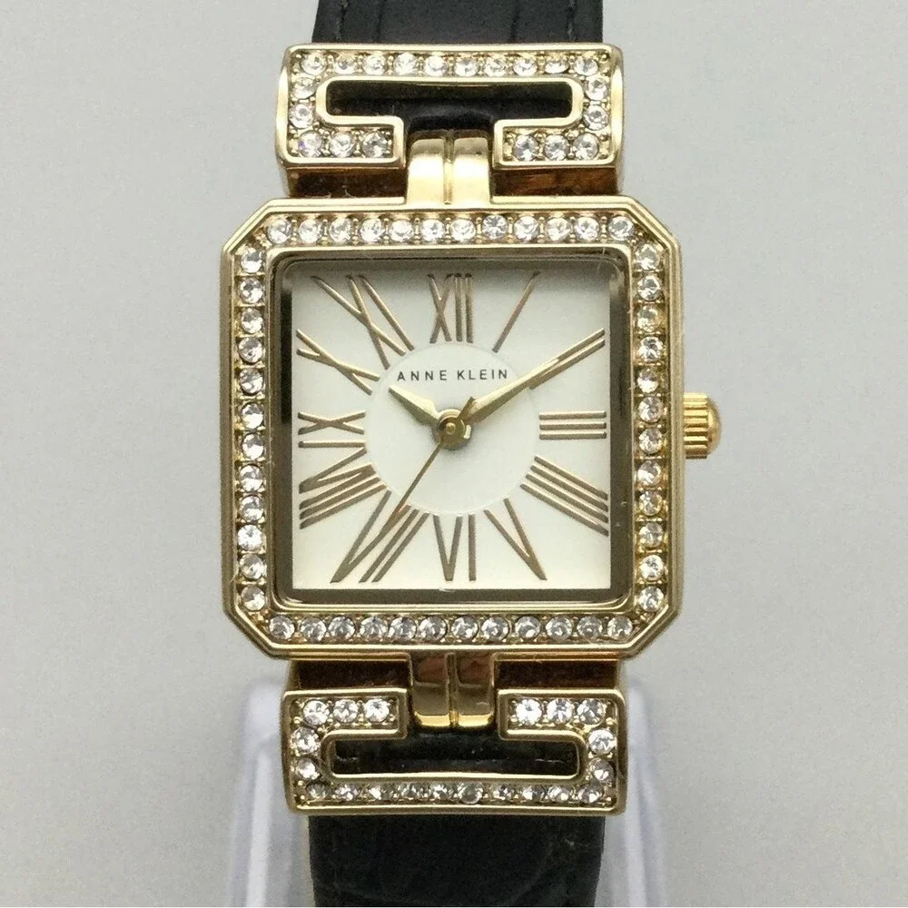 Anne Klein Womens Watch 24mm Gold Tone Crystals Leather AK/2396 New Battery